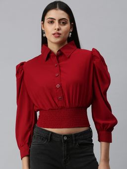 SHOWOFFFF - Women Collar Neck Puff Sleeves Solid Maroon Crop Top