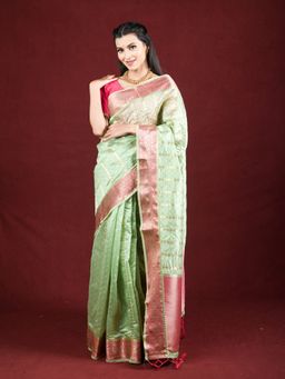 EXCLUSIVA - Green Organza Saree Zari Woven Work with Unstitched Blouse
