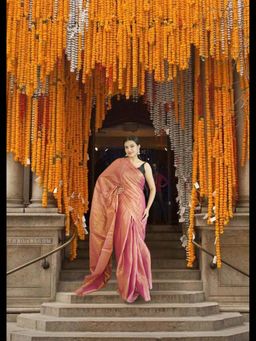 Uttaraa - Womens Tissue Woven Zari Pink Saree with Unstitched Blouse