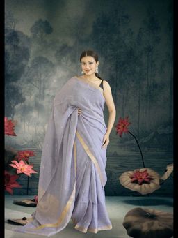 Uttaraa - Womens Linen Solid Tassels Blue Saree with Unstitched Blouse