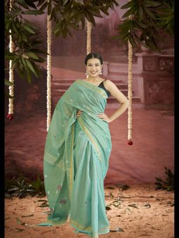 Uttaraa - Womens Linen Woven Zari Green Saree with Unstitched Blouse
