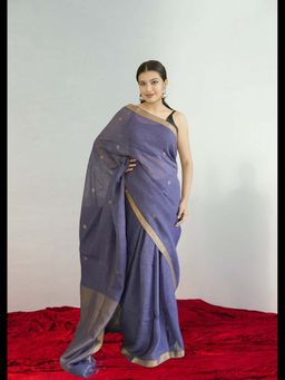 Uttaraa - Womens Linen Woven Zari Blue Saree with Unstitched Blouse