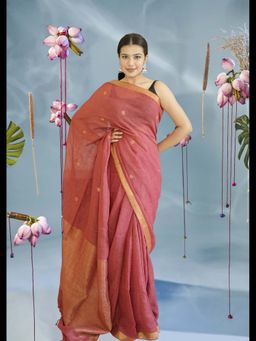 Uttaraa - Womens Linen Woven Tassels Red Saree with Unstitched Blouse