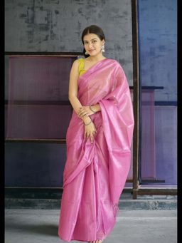 Uttaraa - Womens Tissue Solid Tassels Pink Saree with Unstitched Blouse