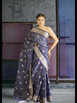 Uttaraa - Womens Silk Woven Navy Blue Saree with Unstitched Blouse