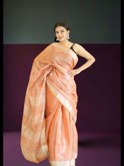 Uttaraa - Womens Linen Embroidered Tassels Orange Saree with Unstitched Blouse