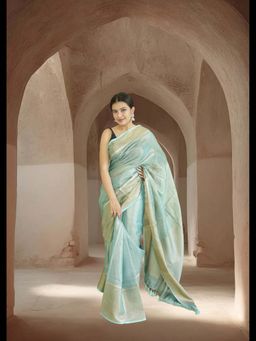 Uttaraa - Womens Linen Woven Tassels Green Saree with Unstitched Blouse