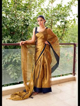 Uttaraa - Womens Tissue Woven Tassels Gold Saree with Unstitched Blouse