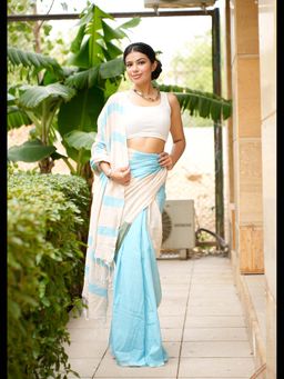 Uttaraa - Womens Cotton Woven Tassels Multi-Color Saree with Unstitched Blouse