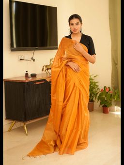 Uttaraa - Womens Tissue Woven Tassels Orange Saree with Unstitched Blouse