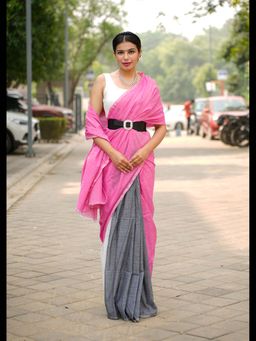 Uttaraa - Womens Linen Colorblock Woven Pink Saree with Unstitched Blouse