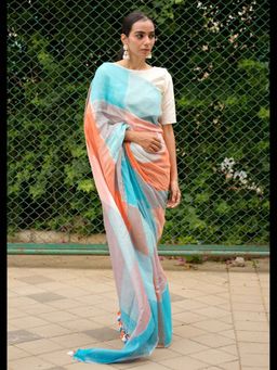 Uttaraa - Womens Linen Woven Tassels Blue Saree with Unstitched Blouse