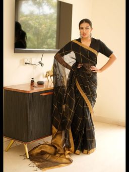 Uttaraa - Womens Linen Checks Woven Black Saree with Unstitched Blouse