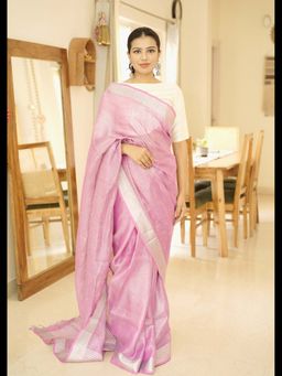 Uttaraa - Womens Linen Embroidered Beads Lavender Saree with Unstitched Blouse