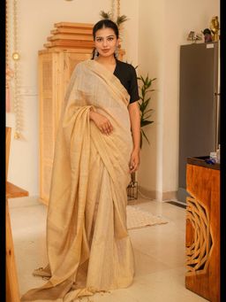 Uttaraa - Womens Tissue Woven Tassels Beige Saree with Unstitched Blouse