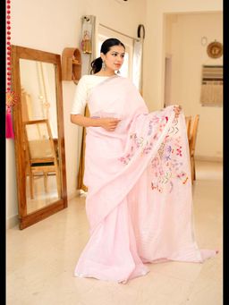 Uttaraa - Womens Linen Embroidered Tassels Pink Saree with Unstitched Blouse