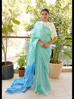 Uttaraa - Womens Linen Embroidered Tassels Blue Saree with Unstitched Blouse