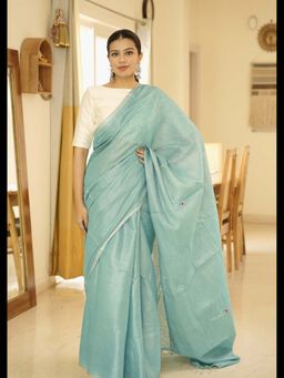 Uttaraa - Womens Linen Woven Embroidered Blue Saree with Unstitched Blouse