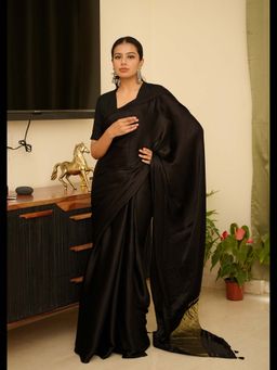 Uttaraa - Womens Silk Solid Tassels Black Saree with Unstitched Blouse