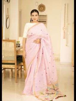 Uttaraa - Womens Linen Woven Tassels Pink Saree with Unstitched Blouse