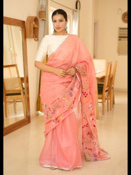 Uttaraa - Womens Linen Embroidered Tassels Peach Saree with Unstitched Blouse