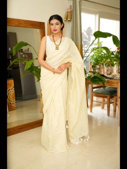 Uttaraa - Womens Cotton Stripes Tassels Ivory Saree with Unstitched Blouse