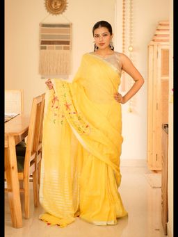 Uttaraa - Womens Linen Embroidered Tassels Yellow Saree with Unstitched Blouse