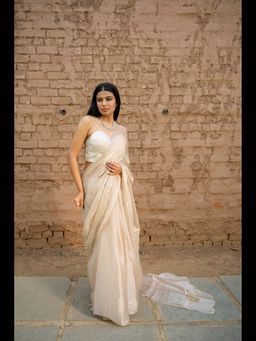 Uttaraa - Womens Organza Solid Sequined Ivory Saree with Unstitched Blouse