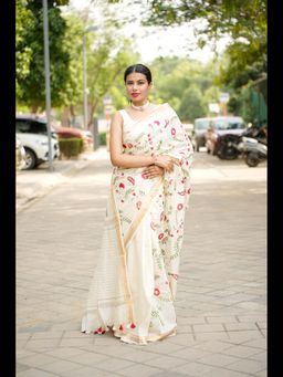 Uttaraa - Womens Linen Embroidered Tassels Off White Saree with Unstitched Blouse