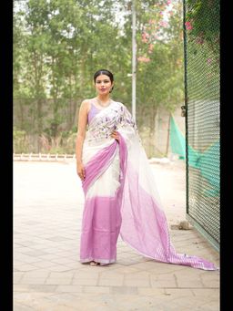 Uttaraa - Womens Linen Embroidered Tassels Lavender Saree with Unstitched Blouse