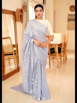 Uttaraa - Womens Linen Embroidered Tassels Blue Saree with Unstitched Blouse