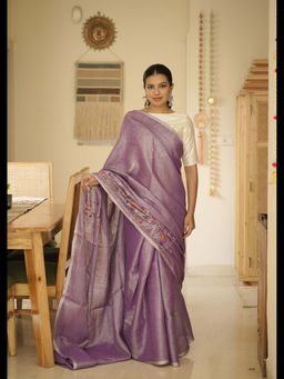 Uttaraa - Womens Linen Embroidered Thread Work Lavender Saree with Unstitched Blouse