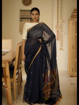 Uttaraa - Womens Linen Woven Tassels Navy Blue Saree with Unstitched Blouse