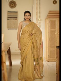 Uttaraa - Womens Linen Woven Tassels Beige Saree with Unstitched Blouse