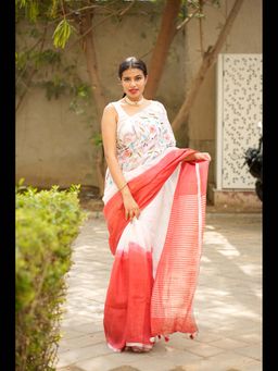 Uttaraa - Womens Linen Embroidered Tassels White Saree with Unstitched Blouse