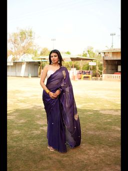 Uttaraa - Womens Organza Embroidered Sequined Purple Saree with Unstitched Blouse