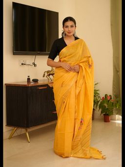 Uttaraa - Womens Linen Embroidered Thread Work Mustard Saree with Unstitched Blouse