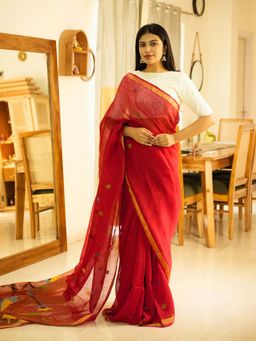 Uttaraa - Womens Linen Woven Tassels Red Saree with Unstitched Blouse