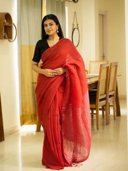 Uttaraa - Womens Linen Woven Tassels Red Saree with Unstitched Blouse