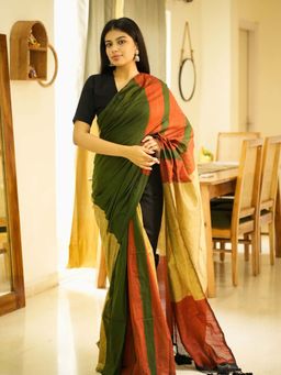 Uttaraa - Womens Cotton Woven Tassels Multi-Color Saree with Unstitched Blouse