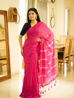 Uttaraa - Womens Cotton Woven Tassels Pink Saree with Unstitched Blouse