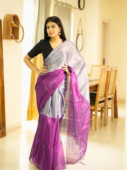 Uttaraa - Womens Tissue Woven Tassels Grey Saree with Unstitched Blouse