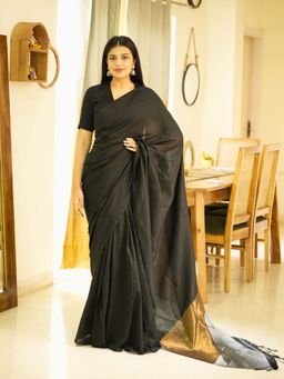 Uttaraa - Womens Cotton Woven Tassels Black Saree with Unstitched Blouse