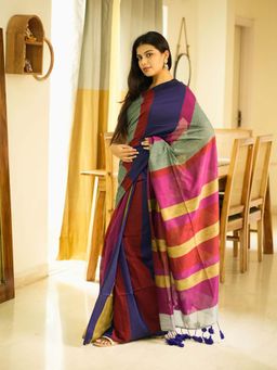 Uttaraa - Womens Cotton Stripes Tassels Multi-Color Saree with Unstitched Blouse