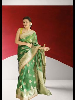 Uttaraa - Womens Silk Woven Zari Green Saree with Unstitched Blouse