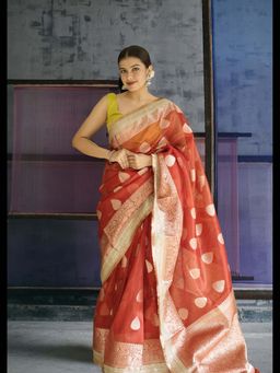 Uttaraa - Womens Silk Woven Zari Red Saree with Unstitched Blouse