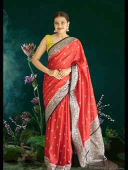 Uttaraa - Womens Silk Woven Red Saree with Unstitched Blouse
