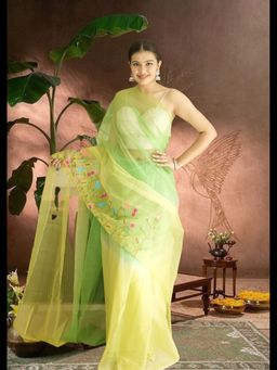 Uttaraa - Womens Organza Embroidered Thread Work Green Saree with Unstitched Blouse