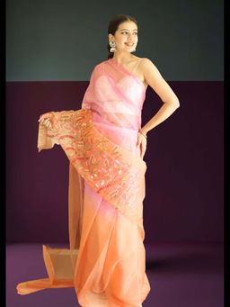 Uttaraa - Womens Organza Embroidered Thread Work Orange Saree with Unstitched Blouse