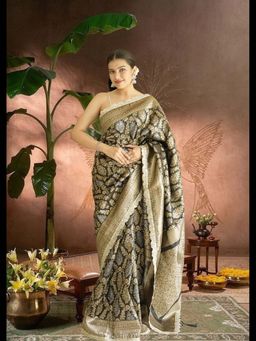 Uttaraa - Womens Silk Floral Woven Black Saree with Unstitched Blouse